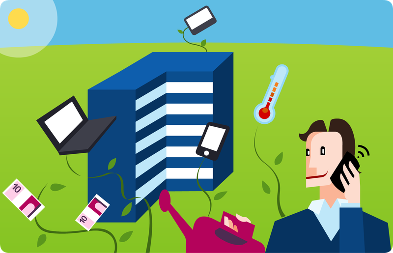 Illustratie van de tuinman in de ICT die belt, omringd door apparaten en geld die uit de ICT-tuin groeien