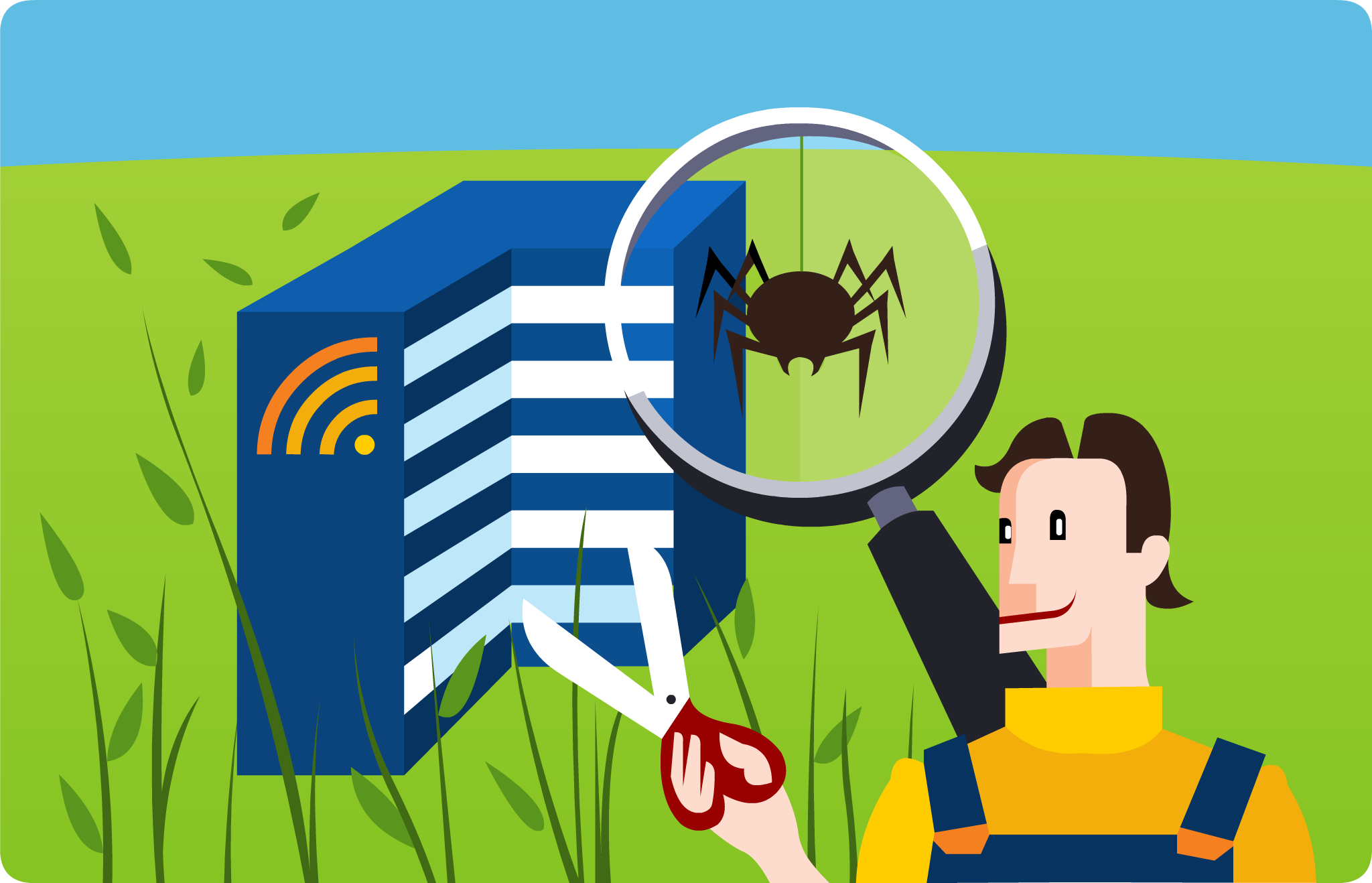 Illustratie van een tuinman die met een vergrootglas een spin op een servergebouw ontdekt tussen de heg