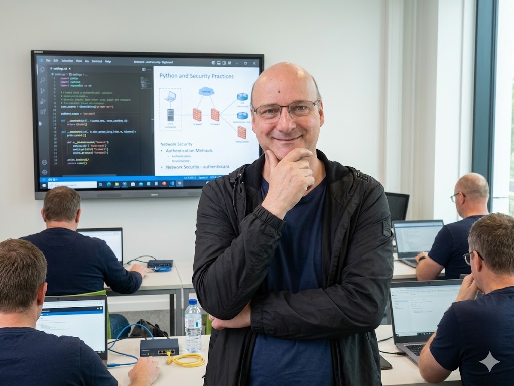 Daniël Doorn geeft les in een klaslokaal, met een scherm over Python en netwerkbeveiliging op de achtergrond en studenten achter laptops